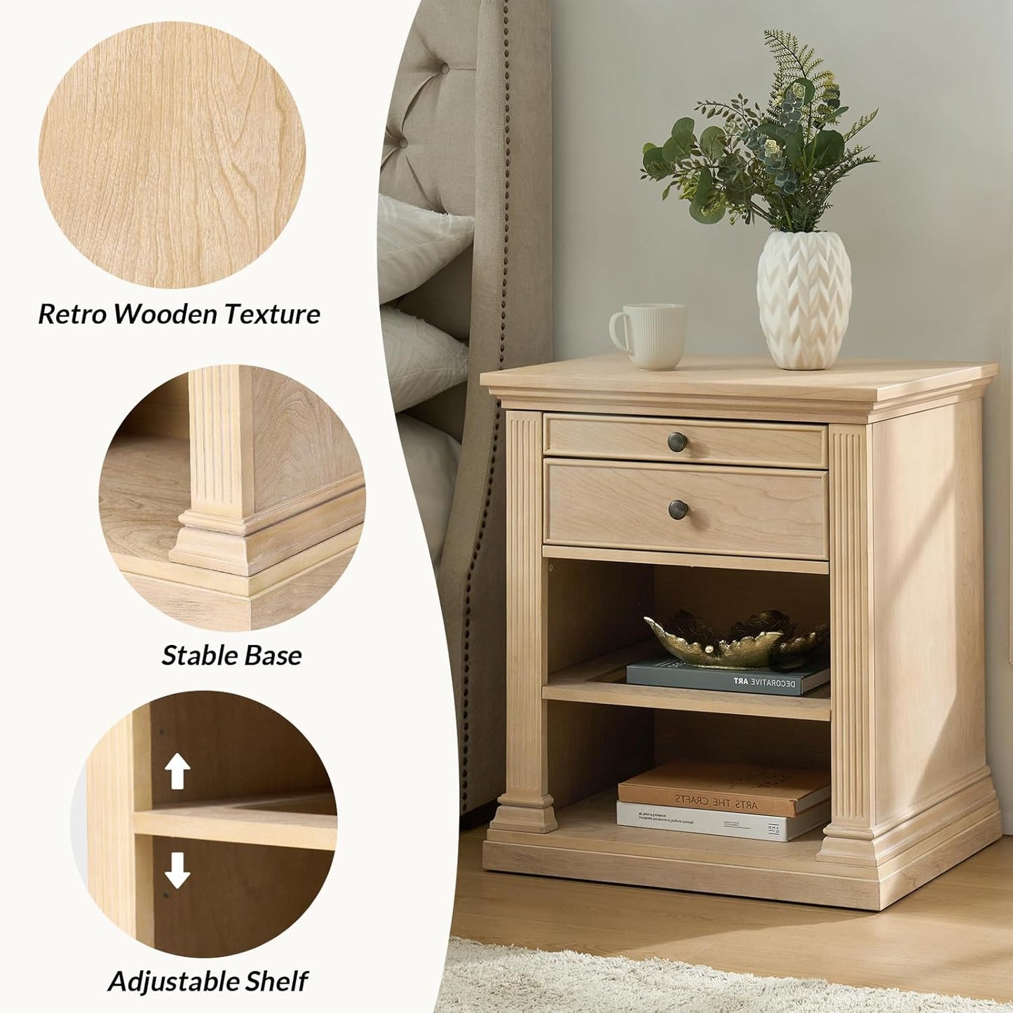 HULALA HOME Wood Nightstand with Tray and Storage Shelves, Traditional Design with Roman Column, End Table with Charging Station/LED, Natural