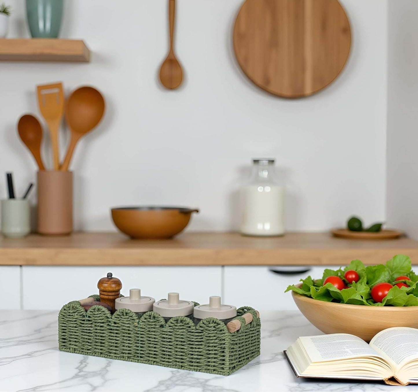 CubesLand Toilet Paper Storage Basket Scalloped Edge Home Decor Green Basket, Living Room Cozy Decor, Paper Rope Small Baskets for Over Toilet Storage Shelf, End Table, Shelves, with 2 Wooden Handles