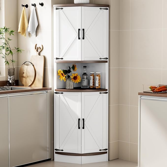 64.8" Farmhouse Corner Cabinet, Dining Room Tall Corner Cabinet with 4 Barn Doors and 5 Storage Shelves, Bar Storage Cabinets for Kitchen, Living Rooms, Laundry Room White