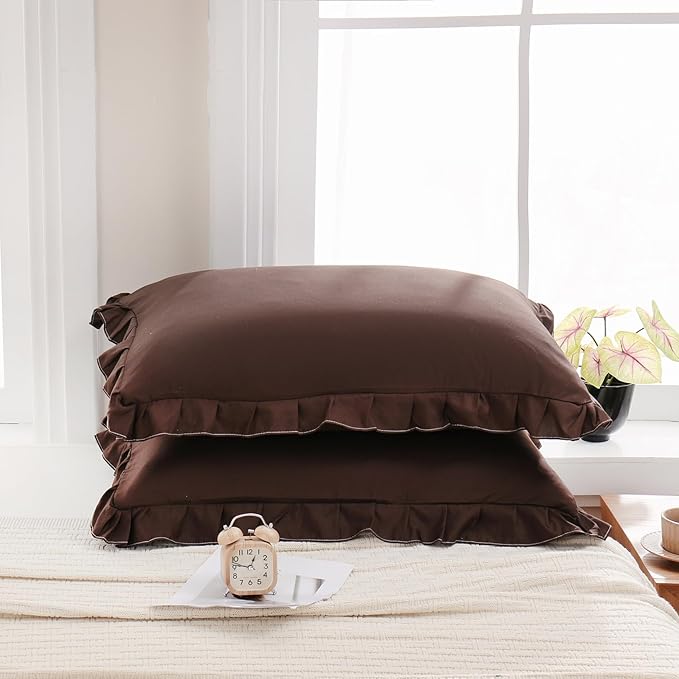 Merryword Dark Brown Pillow Shams Chocolate Queen Pillowcases Cute Pillow Cover Set of 2 Soft Shabby Chic Ruffled Pillowcases 2 Pack (Queen (20''x30''), Chocolate)