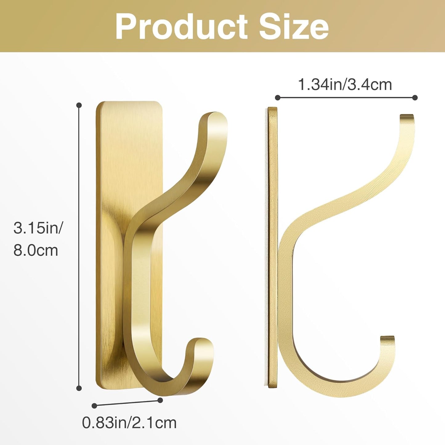 pickpiff Gold Adhesive Wall Hooks for Hanging - Heavy Duty 13 lb Sticky Towel Hooks for Bathroom, Door, Closet, Dorm, RV, or Kitchen, Metal Hanger for Coats, Bags, Keys, Purse, Jacket, Clothes