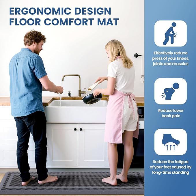 KitchenClouds [2 PCS Kitchen Rugs Cushioned Anti-Fatigue Kitchen Mats for Floor Waterproof Kitchen Rug Set Non-Slip Comfort Standing Mat for Office, Sink, Laundry 17.3"×29"+17.3"×47", Grey