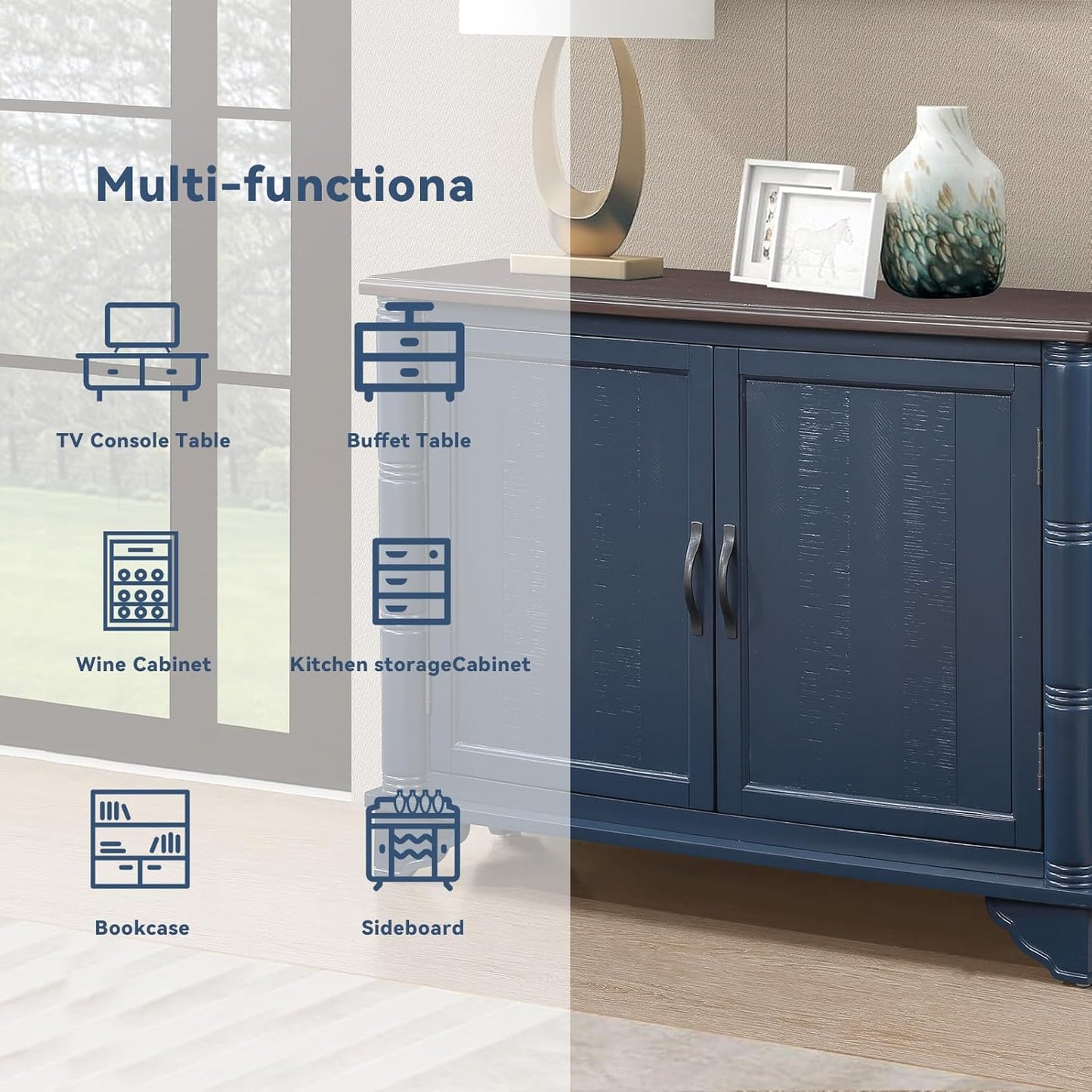 HMFULE 40" Sideboard Buffet Storage Cabinet, Retro Console Table with Solid Wood Feet Adjustable Shelf & 2 Doors for Kitchen Dining Room Living Room (Navy Blue)