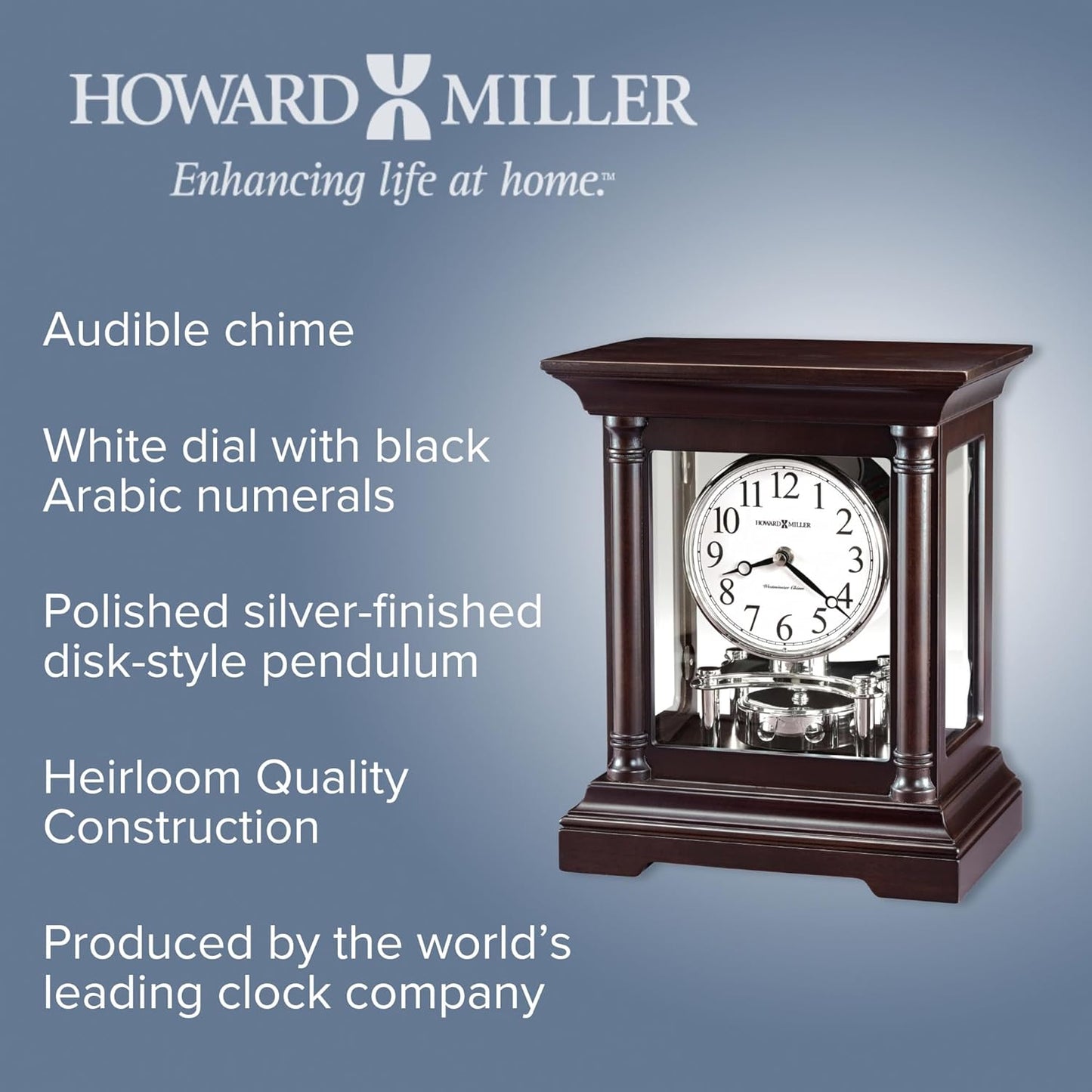 Howard Miller Cassidy Mantel Clock - Battery Operated Quartz Timepiece with Westminster Chime, Analog Desk and Table Clock for Home and Office Décor, Elegant Wooden Design with Silent Night Mode