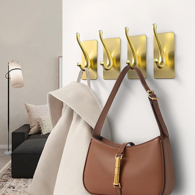 Towel Hooks, Solid Alloy Adhesive Wall Hooks for Hanging, Towel Hooks for Bathroom, RV, Kitchen, Closets, etc (Gold, 4 Pack)
