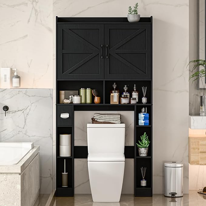 Over The Toilet Storage Cabinet, Farmhouse Toilet Cabinet Rack with Barn Doors, Space Saving Bathroom Organizer with Shelves, Toilet Paper Holder and Towel Rack for Bathroom,Laundry Pure Black