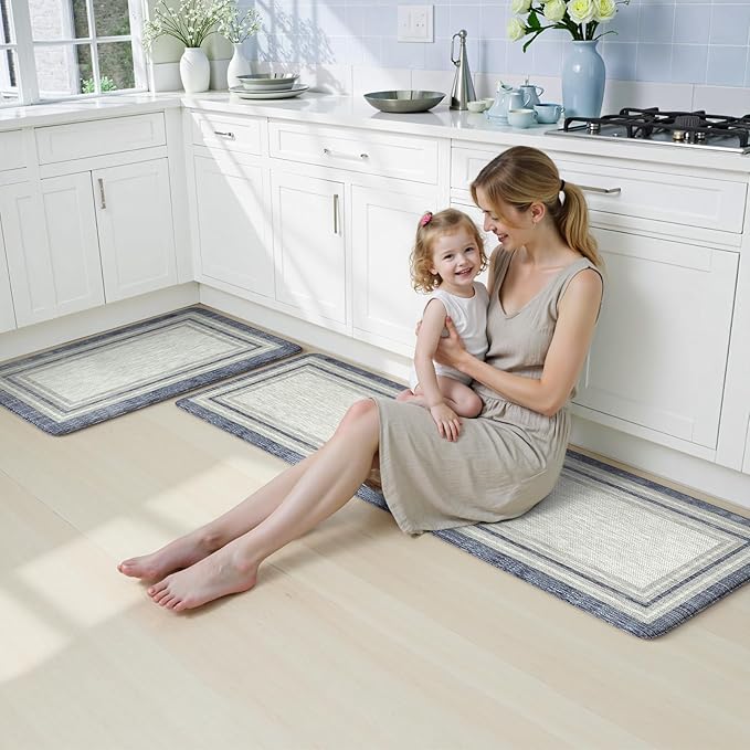 KIMODE Anti Fatigue Kitchen Mats for Floor 2 Piece, Farmhouse Kitchen Rugs Non Slip, Padded Kitchen Floor Mats Non Slip, Cushioned Standing Mats for Sink Laundry Desk Blue Grey 20"x59"+20"x32"
