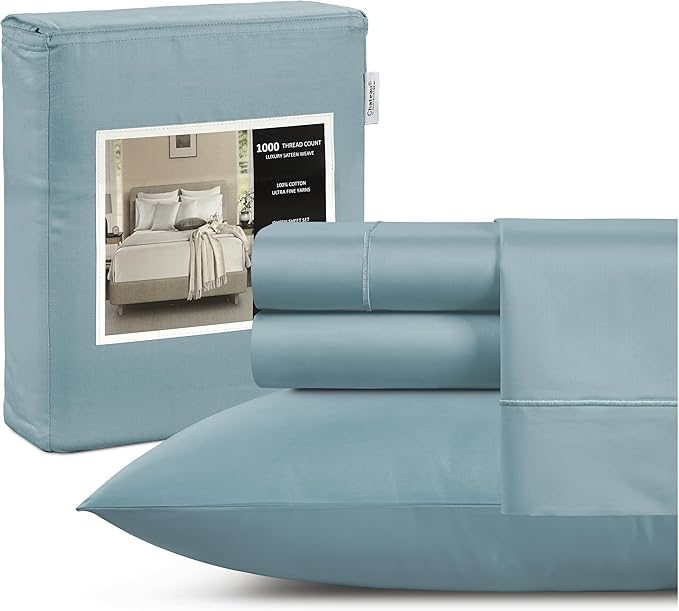 1000 Thread Count Blue Sheets For Twin Bed, 3-Piece Sateen Weave Luxury Twin Bed Sheet Set Cotton, Deep Pocket Sheet & Pillowcase Sets( Fits Upto 17"), Staple Soft Breathable Bed Sheets For Dorm Room