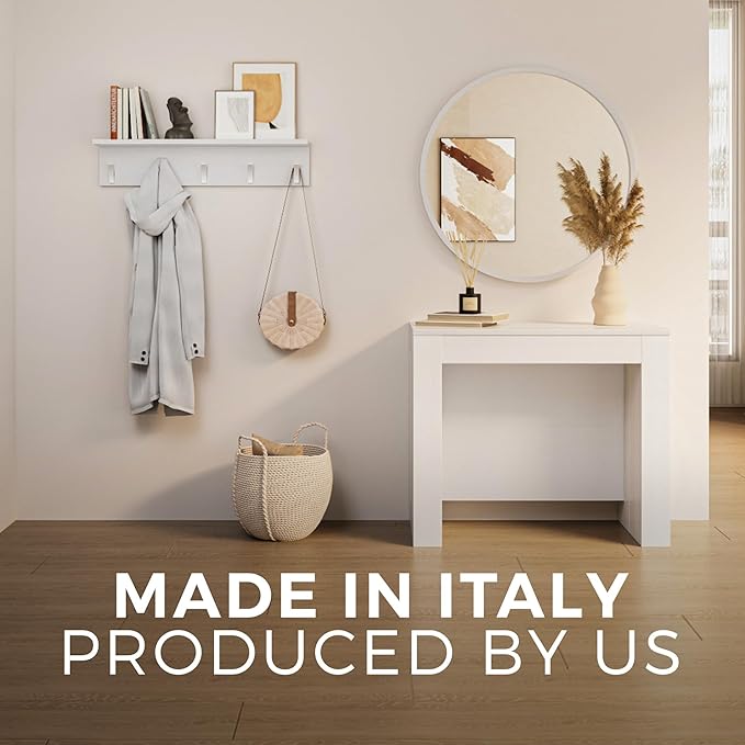 Mobili Fiver, Easy, Extendable Console Table with Extension Leaves Holder, 17.7(120.1) x35.4 in, Ashwood White, for 4-12 People, Space Saving Dining Table for Living Room, Italian Furniture