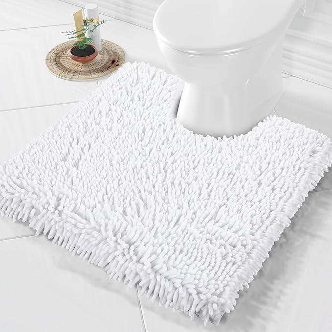Yimobra Toilet Rugs U Shaped Washable, Extra Thick Soft Absorbent Chenille Contour Bathroom Rugs for Toilet 24x24 Inch, Quick Dry Non Slip Toilet Mat for Bath Floor, White