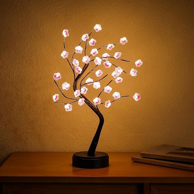 4 Pack Cherry Blossom Tree Lamp, 18inch 36 Led Bonsai Tree Lights, Battery/USB Operated Japanese Decor Night Lights for Bedroom Home Idea, Warm White