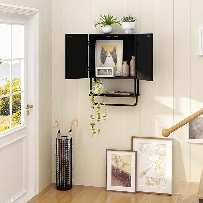 RUSTOWN Fluted Bathroom Wall Cabinet with 2 Doors, 3-Tier Modern Farmhouse Medicine Cabinet, Over The Toilet Storage Cabinet with Adjustable Shelf and Towel Bar(Black, Small)