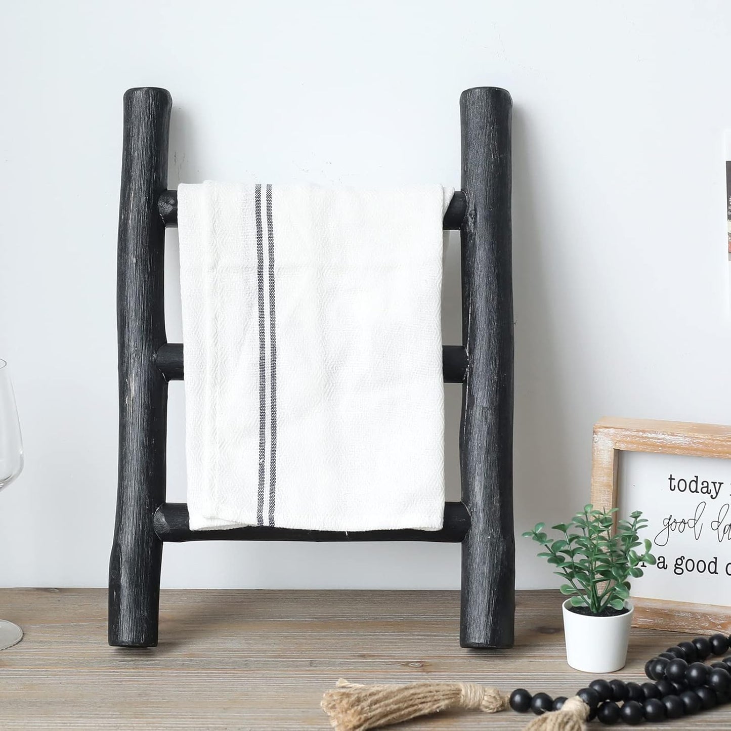 FUIN Fully Assembled Wooden Tea Towel Ladder, Mini Ladder Towel Rack Display Hanger, Small Rustic Farmhouse Tea Towel Stand Holder for Country Bathroom Decor, Black