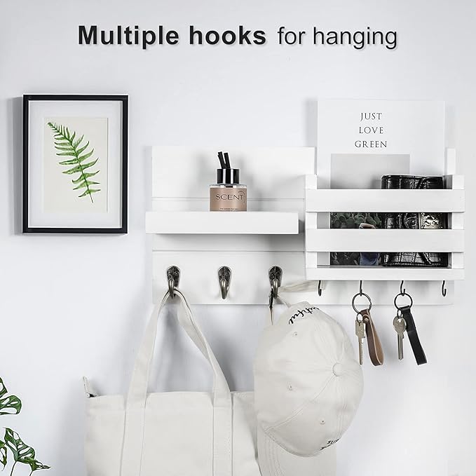 Mail Organizer for Wall Mount – Key Holder with Shelf Includes Letter Holder and Hooks for Coats, Dog Leashes – Rustic Wood with Flush Mounting Hardware (16.5” x 8.7” x 3.5”)