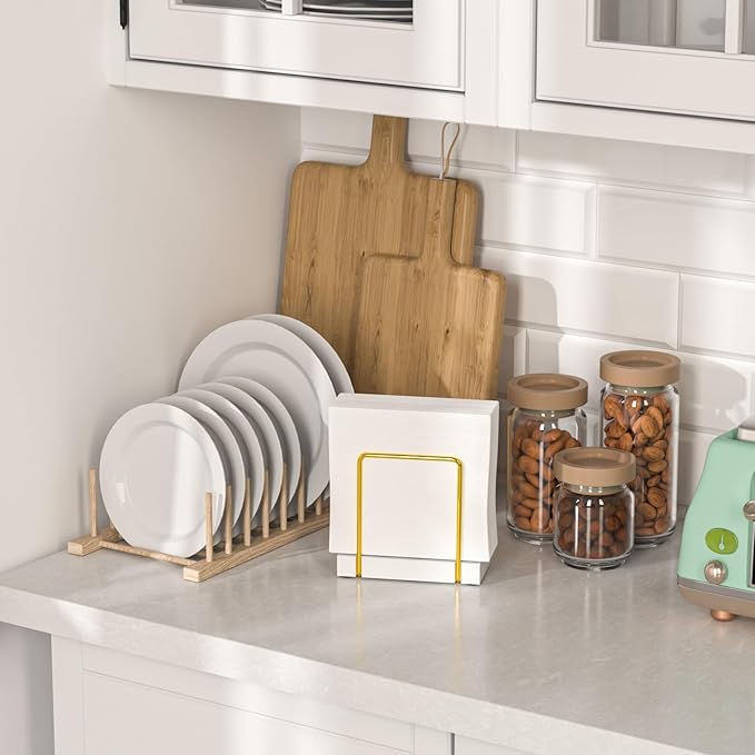 Napkin Holder for Table, Bamboo Iron Standing Napkin Dispenser for Dining Table Farmhouse Cocktail Picnic Rustic Wood Holders All Kitchen Dining Room Decor Gold & White