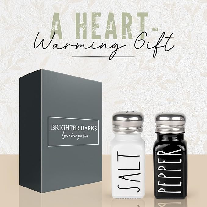 Salt and Pepper Shakers Set by Brighter Barns - Cute Modern Farmhouse Kitchen Decor for Home Restaurants Wedding - Gorgeous Vintage Glass Black White Shaker Sets with Stainless Steel Lids