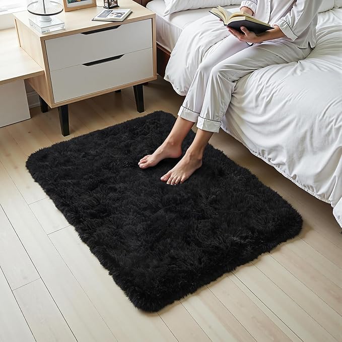 5x7 Black Fluffy Area Rugs for Bedroom, Soft Indoor Plush Rug for Living Room, Large Furry Fuzzy Shag Floor Carpet for Kids Nursery Boys Room Dorm Classroom Home Office Decor Mat
