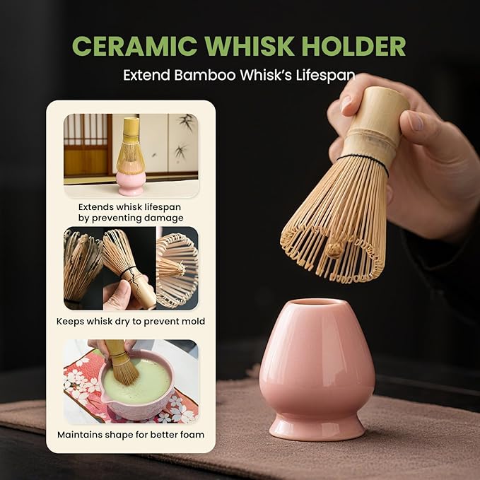 Matcha Whisk Set, Pink Matcha Set (9 Pcs) Includes Matcha Bowl, Whisk & Holder, Scoop, Sifter, Spoon, Scoop Rest, Tea Mat, Hand Book - Ideal Ceramic Matcha Kit for Matcha Lovers