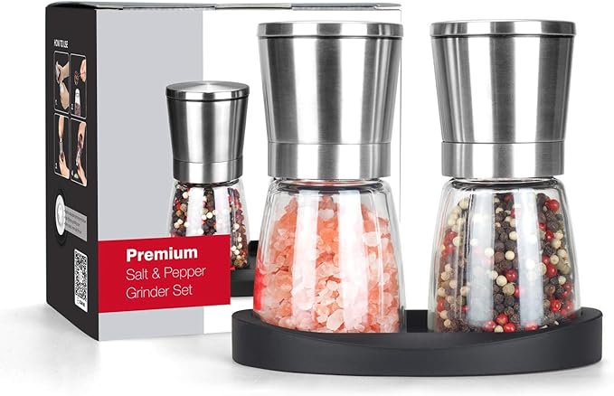 VEVOK CHEF Salt and Pepper Grinder Set Stainless Steel Adjustable Coarseness Ceramic Pepper Mill Salt Crusher with Silicone Tray Salt and Pepper Shaker Spice Grinder Kitchen