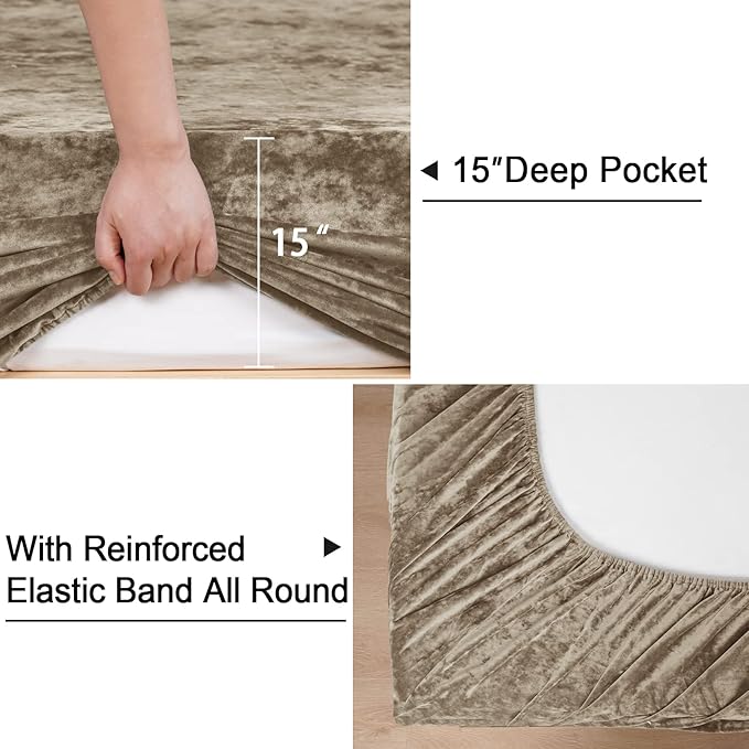 PHF Truly Velvet Fitted Sheet Only Twin Size, Luxury Super Soft Cozy Fuzzy Fleece Bottom Sheet, Deep Pocket Up to 16",Strenghth Elastic Band,Suitable for Fall Winter Spring, No Pillowcases, Khaki
