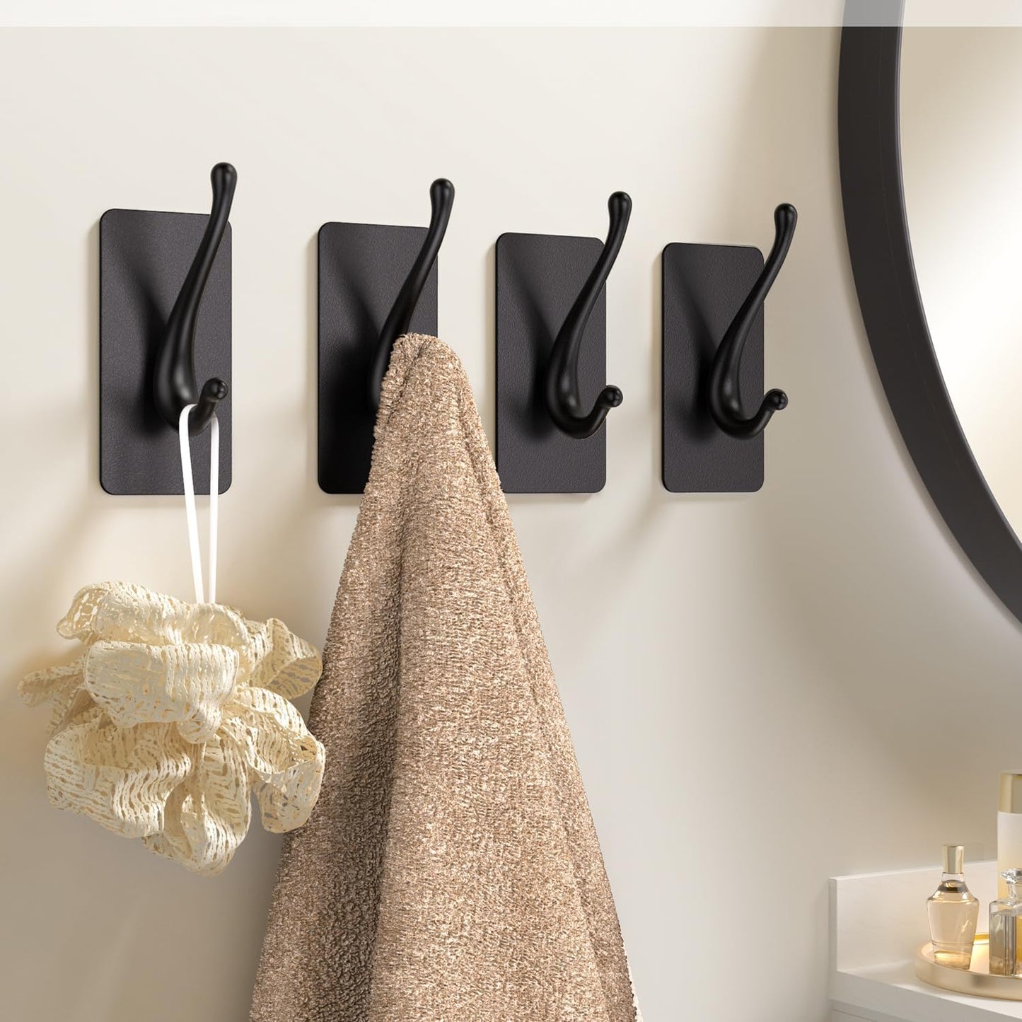 Towel Hooks, Solid Alloy Adhesive Wall Hooks for Hanging, Towel Hooks for Bathroom, RV, Kitchen, Closets, etc (Black, 2 Pack)