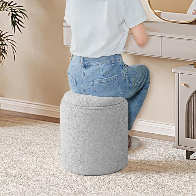 PINPLUS Round Boucle Ottoman with Tray, Storage Teddy Velvet Footstool Ottoman Cube for Living Room, Bedroom, Dorm 13.4"x13.4"x15" (Grey)
