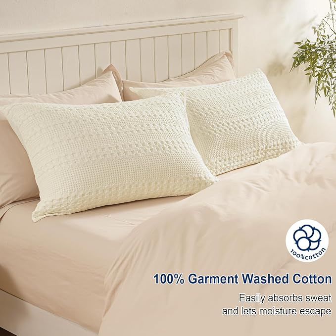 PHF Waffle Weave Pillow Shams King Size, 2 Pack 100% Cotton Pillowcases 20" x 36", No Insert, Soft & Breathable Aesthetic Woven Pillow Case Covers for Bedroom Decor, Canmoli Cream