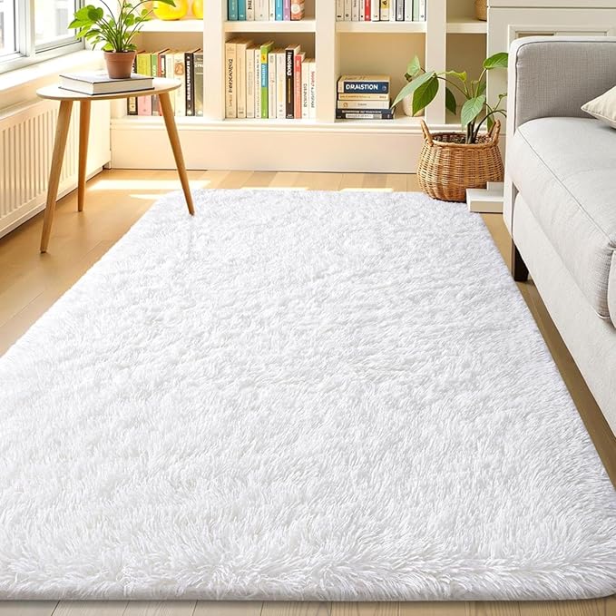 OLANLY Area Rugs for Living Room Bedroom, Machine Washable 4x5.9 ft Soft Fluffy Shaggy Bedside Rug, Indoor Floor Carpet for Kids Girls and Boys, Dorms, Nursery Rooms, Home Decor Aesthetic, White