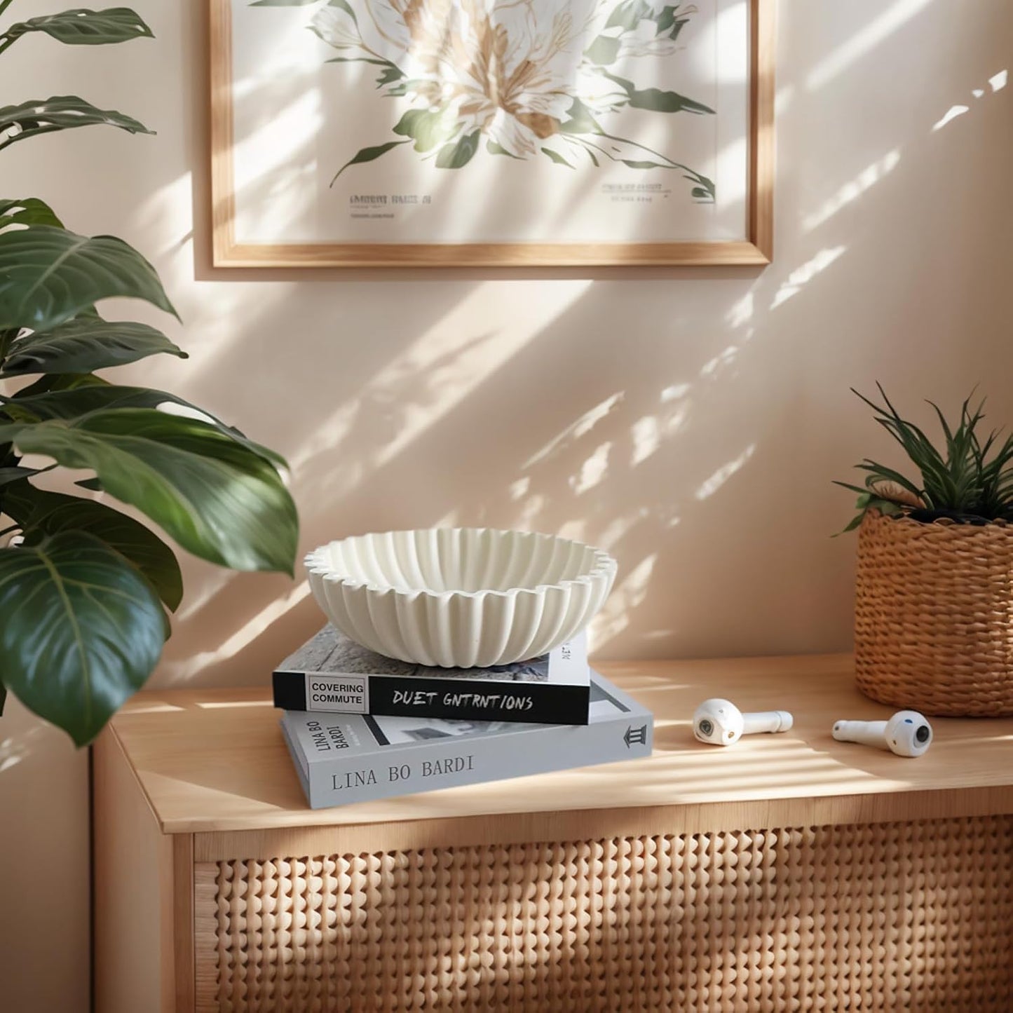 Decorative Bowl for Home Decor - White Large Decorative Fruit Bowls for Coffee Table - Scalloped Ruffle Centerpiece key Bowl for Entry Table - Morden Round 10" Aesthetic Decor