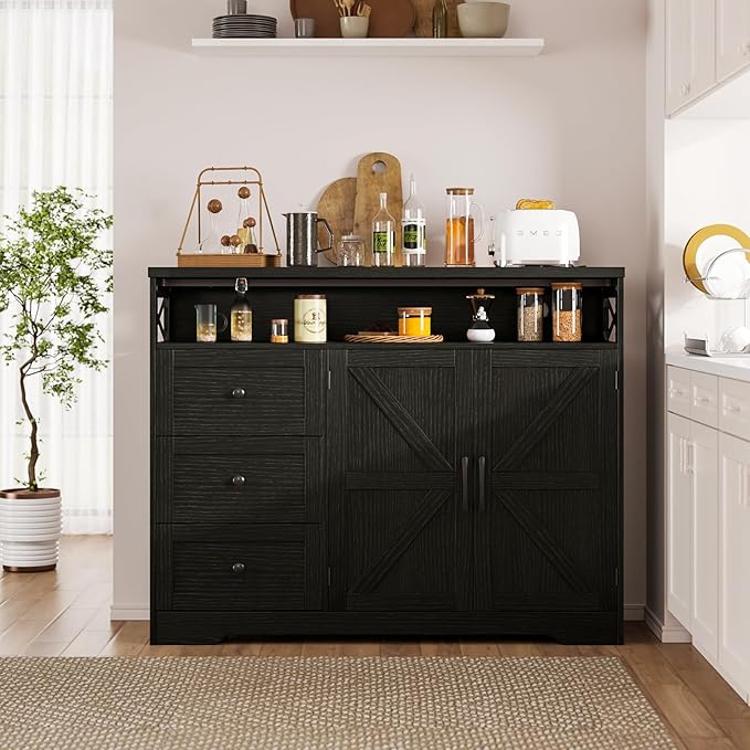 47" Black Storage Cabinet with Barn Doors and Drawers, Farmhouse Sideboard Buffet with Storage, Kitchen Pantry Hutch Cabinet, Coffee Bar Station Table for Kitchen, Livingroom, Dining Room