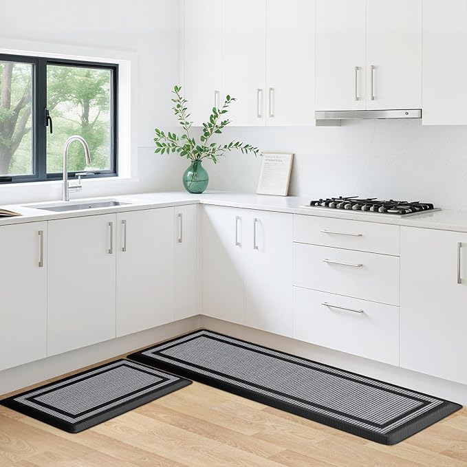 KitchenClouds [2 PCS Kitchen Rugs Cushioned Anti-Fatigue Kitchen Mats for Floor Waterproof Kitchen Rug Set Non-Slip Comfort Standing Mat for Office, Sink, Laundry 17.3"×28"+17.3"×60",Black