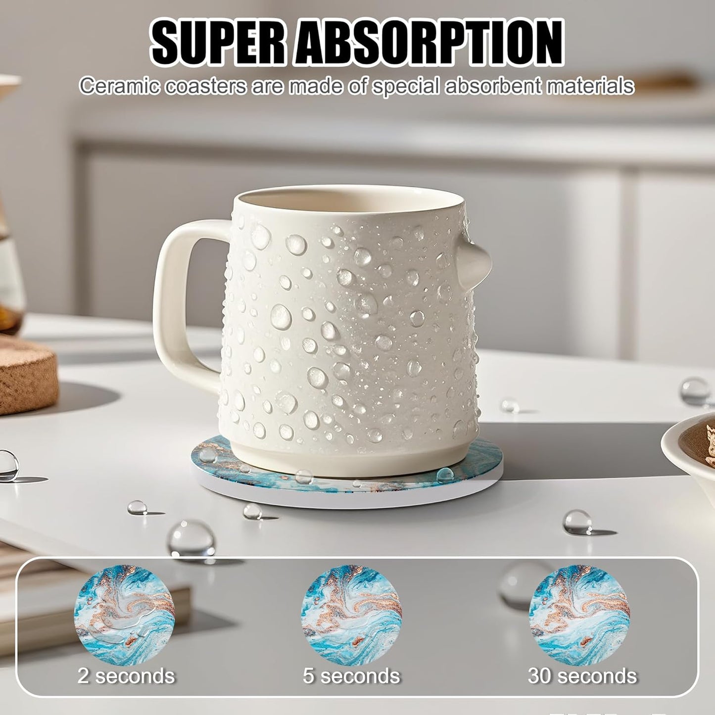 Coasters for Drinks Set of 8, Absorbent Ocean Marble with Metal Golden Holder, Ceramic Coaster Set Cup Mat for Home Decor, Bar, Kitchen, Party