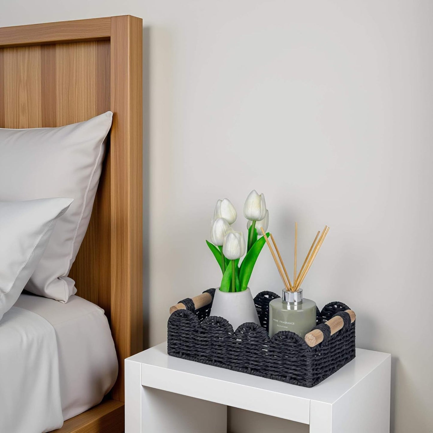 CubesLand Toilet Paper Storage Basket Scalloped Edge Home Decor Basket, Living Room Cozy Decor, Paper Rope Small Baskets for Over Toilet Storage Shelf, End Table, Shelves, with 2 Wooden Handles, Black