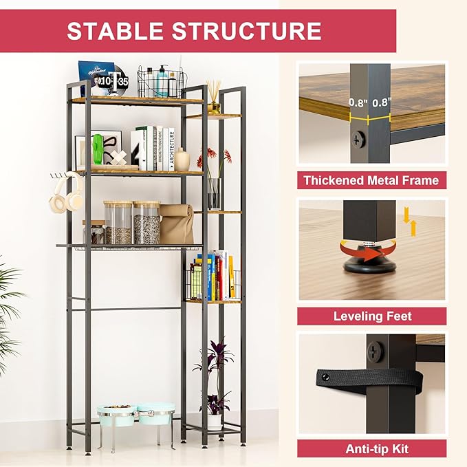 Over Toilet Bathroom Organizer, Solid Wood Over Toilet Storage Shelves with Toilet Paper Holder, Hooks, Side Rack, Sturdy Metal Standing Shelf for Laundry, Balcony, 9.45" D x 31.5" W x 66" H