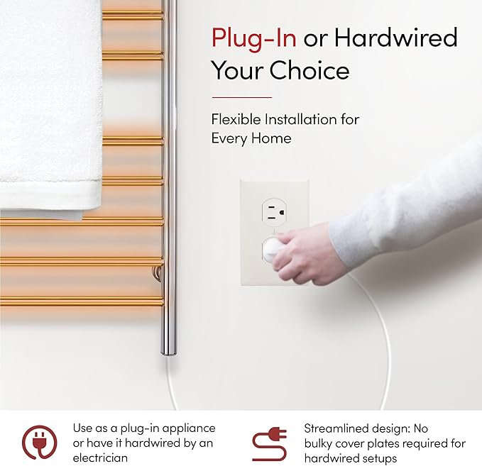 WarmlyYours Towel Warmers for Bathroom - Wall Mounted Heated Towel Rack with Shelf, 11 Bars Polished Stainless Steel, 20 x 36 in. Electric Heating and Drying Rack, 120V Plug-in or Hardwired (Summit)