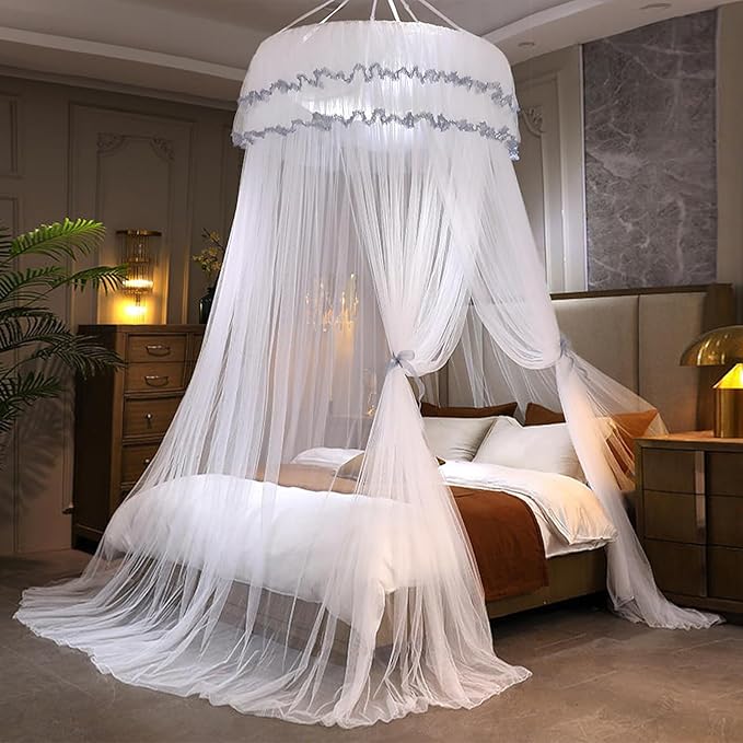 Kertnic Mosquito Net Bed Canopy for Girls, Princess Canopy Bed Curtain Fine Sheer Mesh Dome Bed Canopies, Kids & Adults Lace Tent for Twin Full Queen King Bed (White)