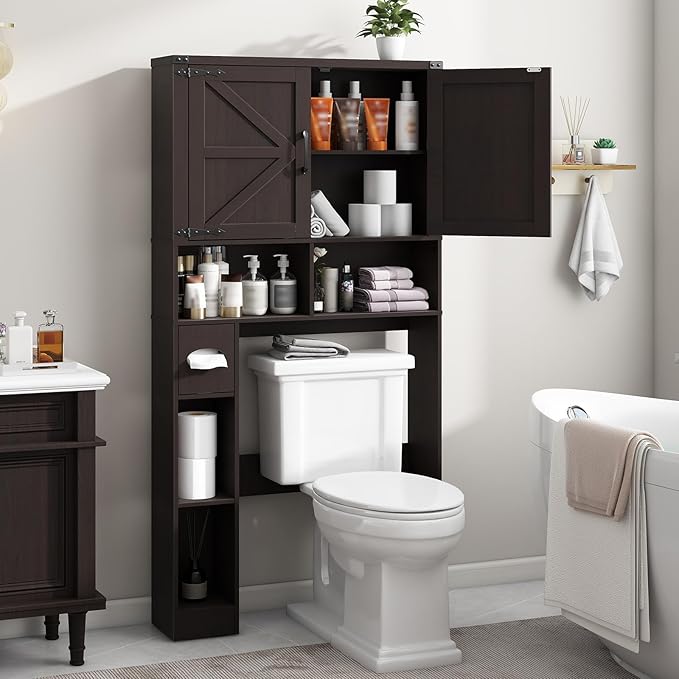 Over The Toilet Storage Cabinet, Farmhouse Storage Cabinet Over Toilet with Barn Doors & Toilet Paper Holder Stand,Home Space-Saving Toilet Rack, for Laundry, Bathroom, Restroom(Espresso).