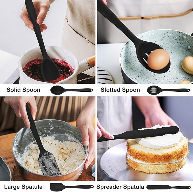LIANYU 14 Pcs Cooking Utensils Set with Holder, Heat Resistant Silicone Kitchen Cookware Utensils Set, Kitchen Cooking Tools Includes Spatula Spoon Turner Whisk Tong, Dishwasher safe, Black