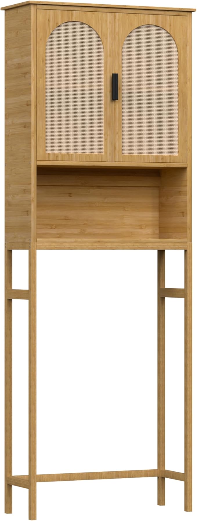 MUPATER 66.9'' Bamboo Over The Toilet Storage Cabinet, Bathroom Space Saver, U-Shaped Door with Rattan Surface, Over Toilet Bathroom Organizer with Open Storage Shelf, Natural