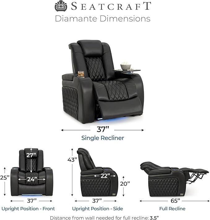 Seatcraft Diamante Zero-Gravity CoolZero Italian Leather Home Theater Seating, Power Headrest, Power Recline, Single Recliner, Black