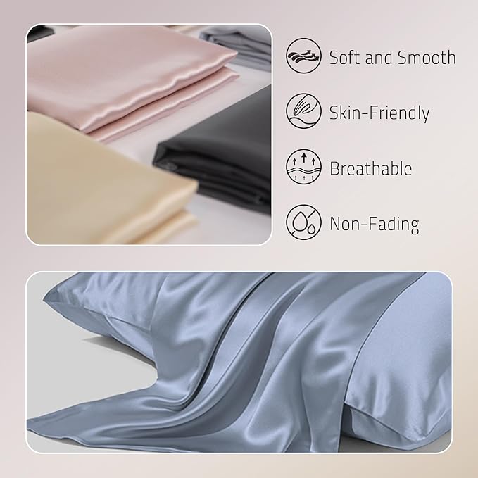 Mulberry Silk Pillowcases Set of 2, Both Sides Real Silk Pillow Covers for Hair and Skin Prevent Acne Pillowcase Organic Silk Pillowcase 2 Pack with Hidden Zipper, Dusty Blue, King (20"×36")