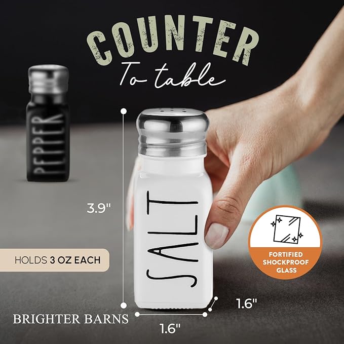 Salt and Pepper Shakers Set by Brighter Barns - Cute Modern Farmhouse Kitchen Decor for Home Restaurants Wedding - Gorgeous Vintage Glass Black White Shaker Sets with Stainless Steel Lids