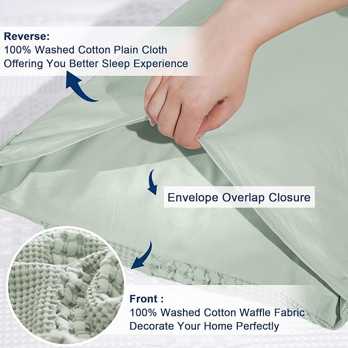 PHF 100% Cotton Waffle Pillow Shams Queen Size, 2 Pack 20" x 30" Soft Skin-Friendly Pillowcases, No Filling, Aesthetic Woven and Breathable Waffle Weave Pillow Case Covers for Bed, Sage Green