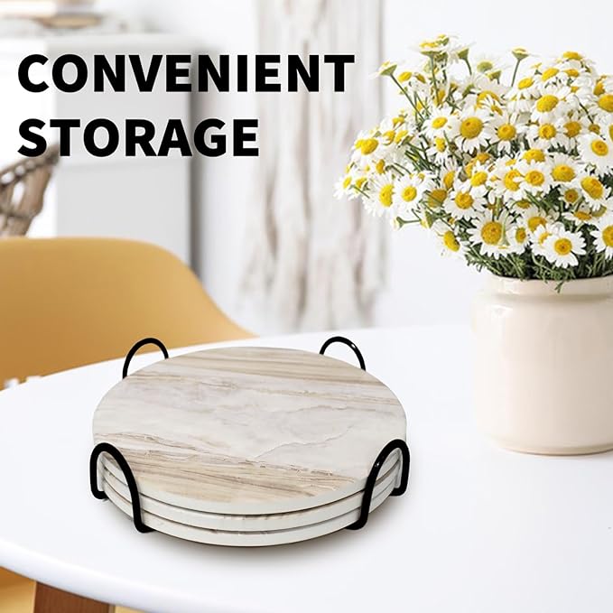 8 Inch Trivets for Hot Dishes, Pots and Pans, Marble Style Ceramic Trivet with Holder, Heat Resistant Hot Plate Mats for Countertops, Table, Home Essentials, Farmhouse Decor, Set of 3