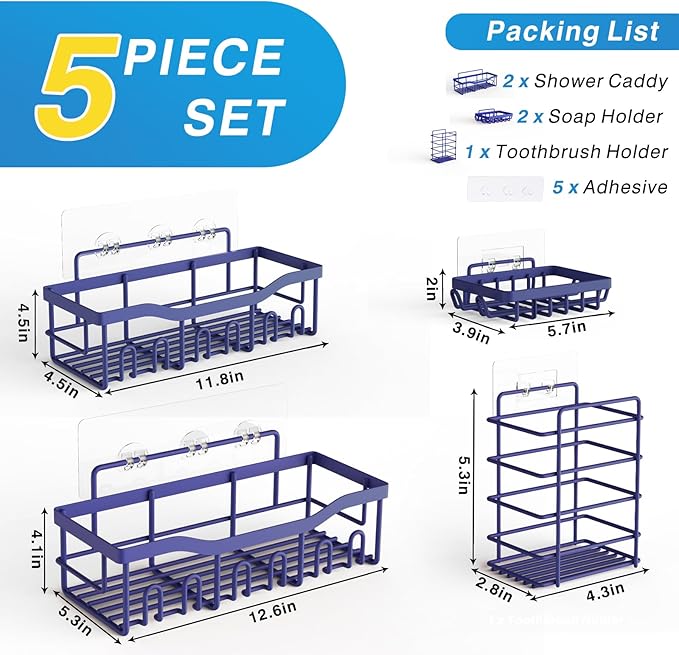 5-Pack Rustproof Stainless Steel Shower Caddy – No Drill Adhesive Bathroom Organizer with Large Capacity, Spacious Shower Shelves for Inside Shower, Kitchen & Home Decor Storage-XL Size