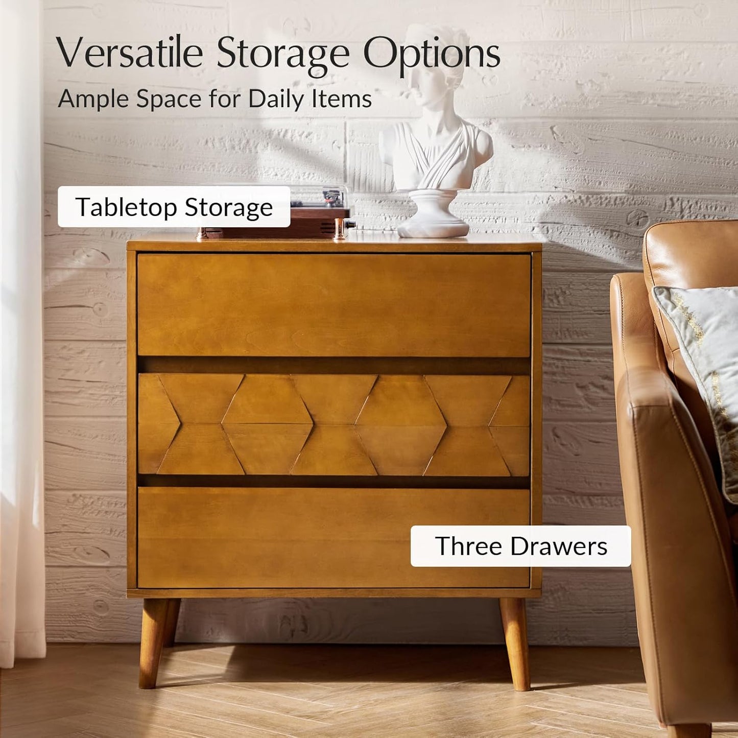 HULALA HOME 30" Wide Large Night Stand, 3 Drawers Mid Century Modern Dresser, Geometric Pattern Wood Bedside Table with Charging Station for Bedroom, Acorn