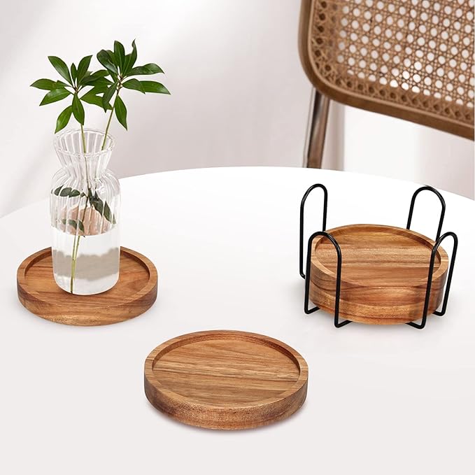 4 Pcs Farmhouse Wooden Coasters with Holder Cute Wood Drink Coaster Set Outdoor Beer Costers Home Decoration Coffee Table Decor Gift Cup Coaster Bar Kitchen Dining Table Accessories Modern Coasters