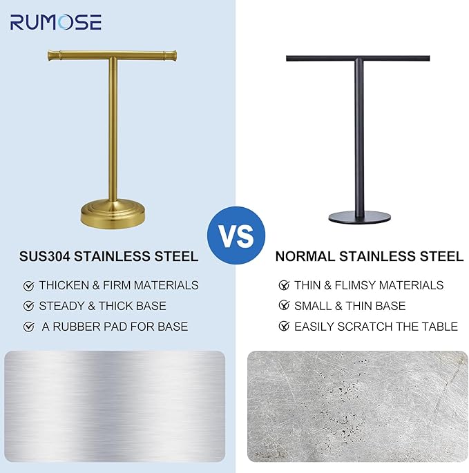 RUMOSE 13 Inch Brushed Gold Towel Stand Hand Towel Holder Bathroom Kitchen Vanity Countertop T-Shape Towel Rack Free Standing Stainless Steel Towel Bar Towel Ring