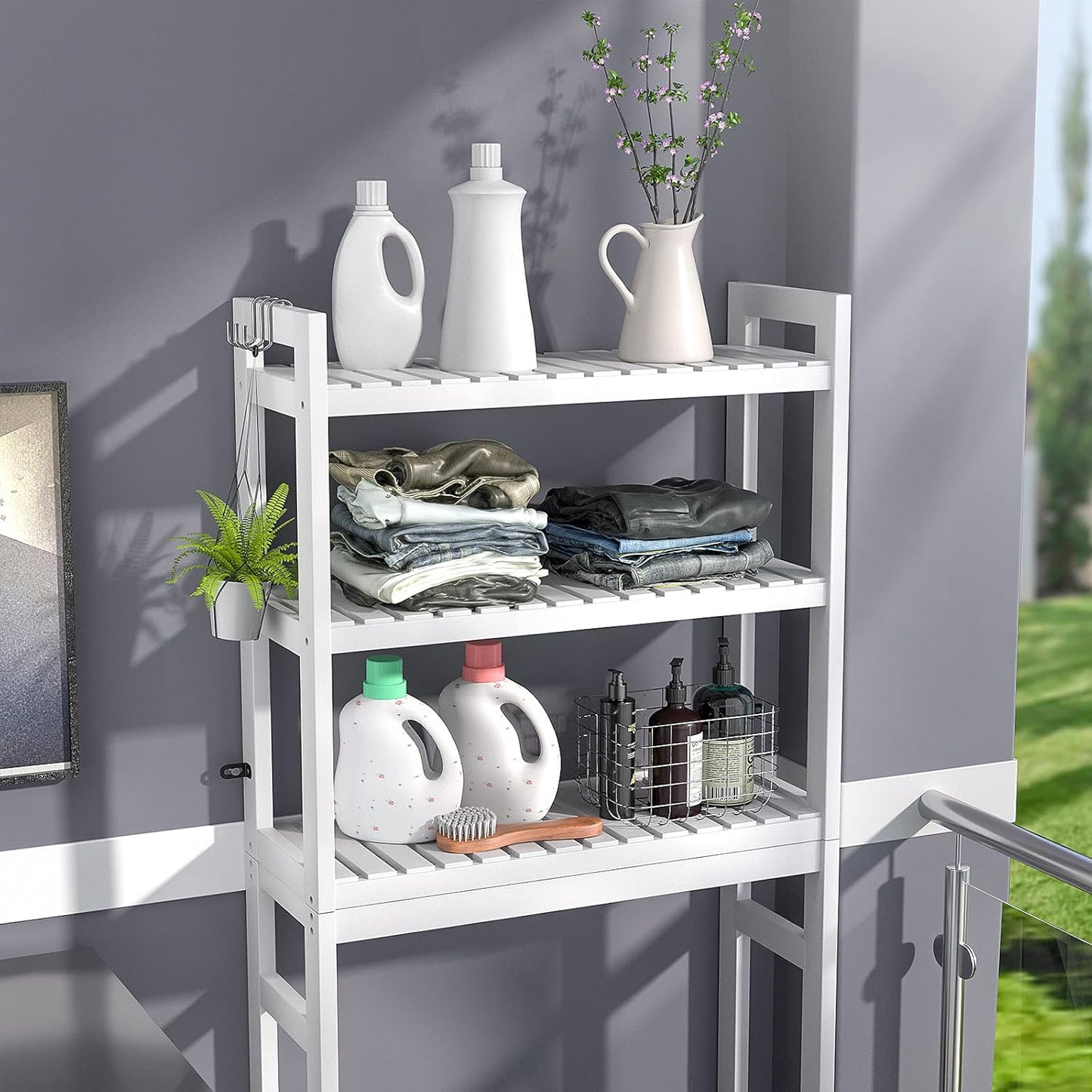 Homykic Over The Toilet Storage, Bamboo Over Toilet Bathroom Organizer Rack, Freestanding Bathroom Shelves Above Toilet Storage with 3 Hooks, Bathroom Space Saver, No Rust, Easy to Assemble, White