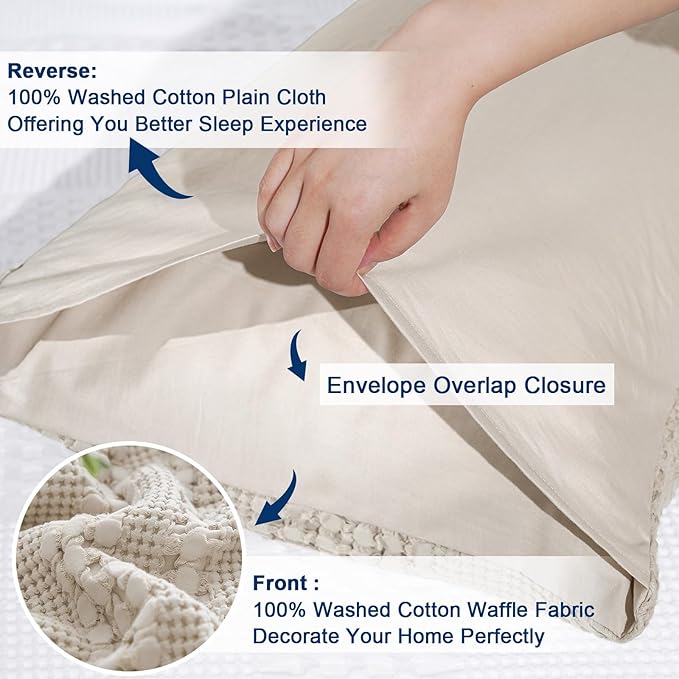 PHF 100% Cotton Waffle Pillow Shams Queen Size, 2 Pack 20" x 30" Soft Skin-Friendly Pillowcases, No Filling, Aesthetic Woven and Breathable Waffle Weave Pillow Case Covers for Bed, Oatmeal